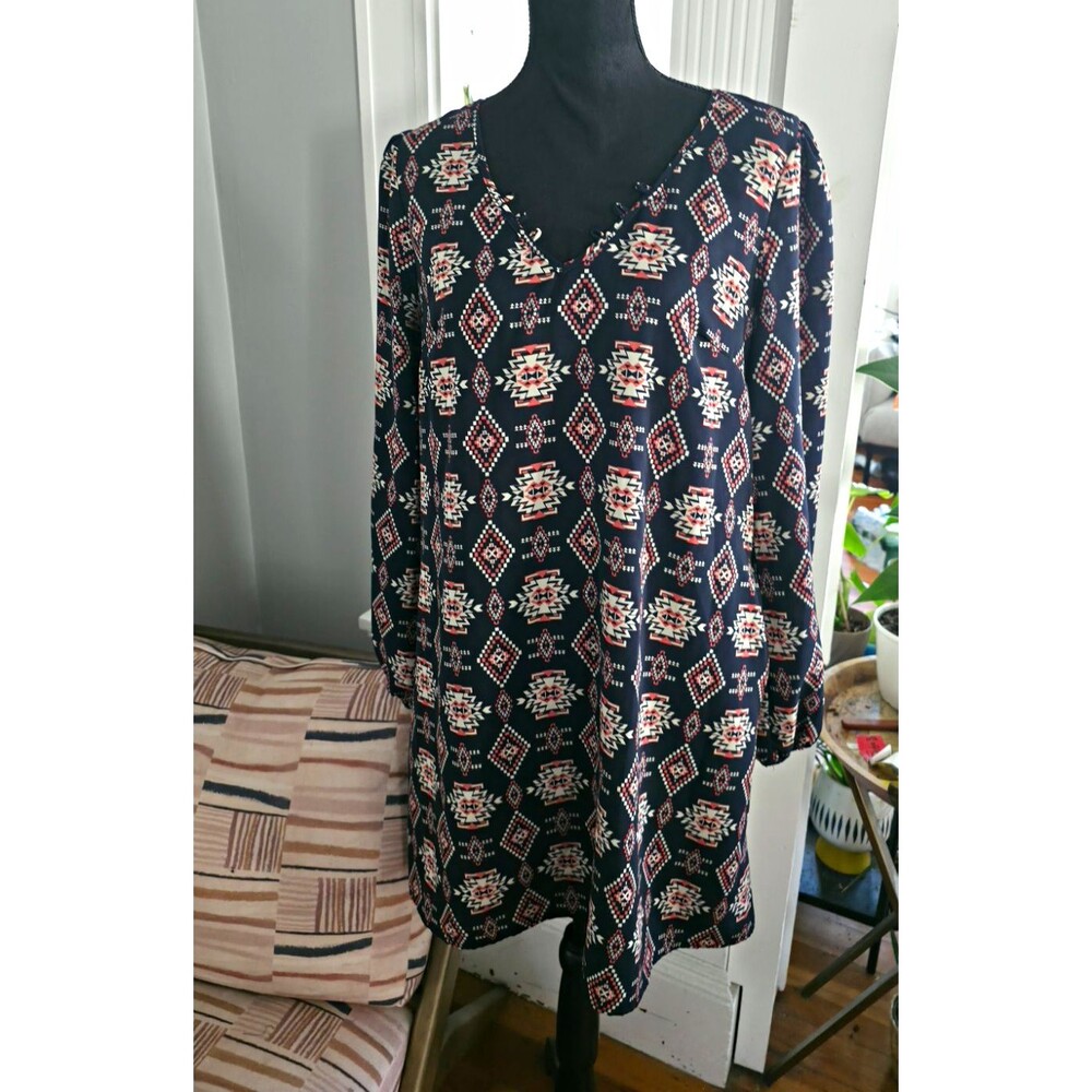 Xhilaration Women's XL Navy Geometric V-Neck Long Sleeve Shift Ruffle Dress